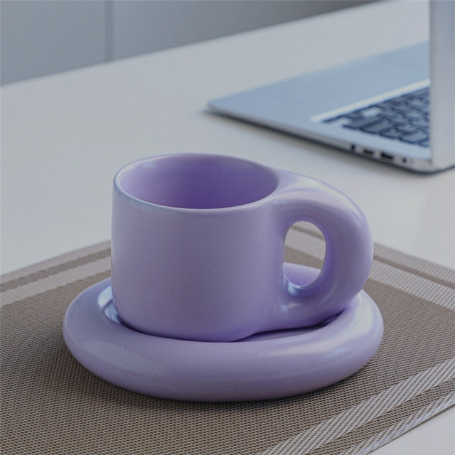 Nordic Ceramic Fat Handle Mug Oval Plate 300 ml