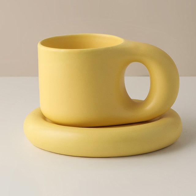 Nordic Ceramic Fat Handle Mug Oval Plate 300 ml