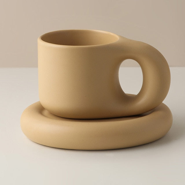 Nordic Ceramic Fat Handle Mug Oval Plate 300 ml