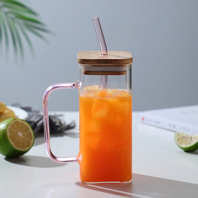 Square Glass Mug With Lid and Straw 400 ml