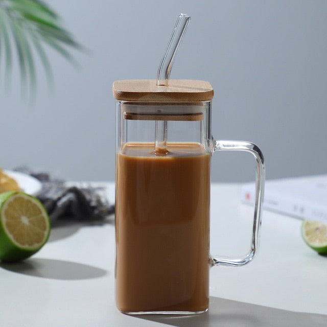Square Glass Mug With Lid and Straw 400 ml