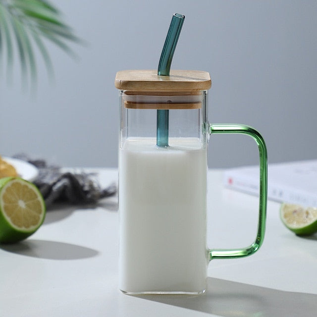 Square Glass Mug With Lid and Straw 400 ml