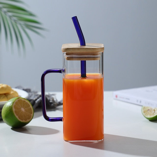 Square Glass Mug With Lid and Straw 400 ml