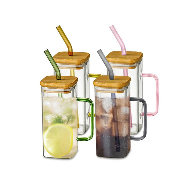 Square Glass Mug With Lid and Straw 400 ml