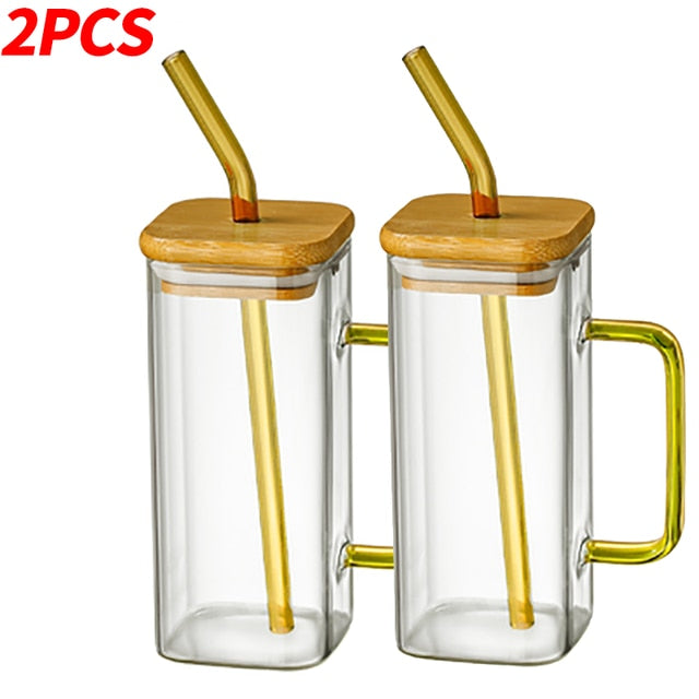 Square Glass Mug With Lid and Straw 400 ml
