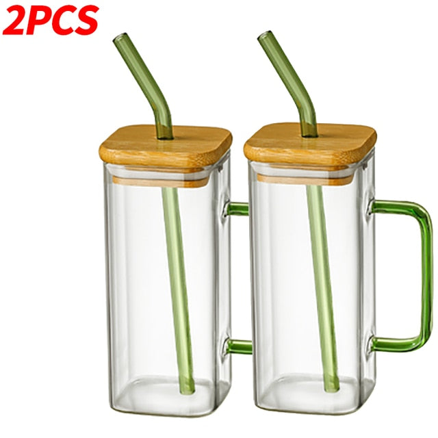 Square Glass Mug With Lid and Straw 400 ml