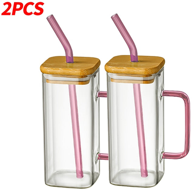 Square Glass Mug With Lid and Straw 400 ml