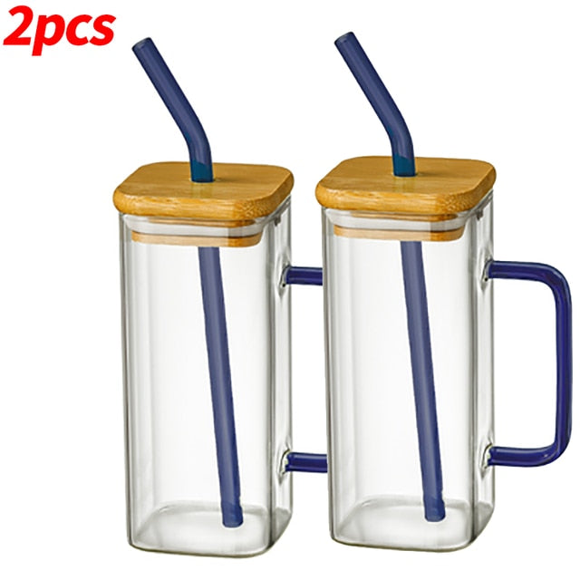 Square Glass Mug With Lid and Straw 400 ml